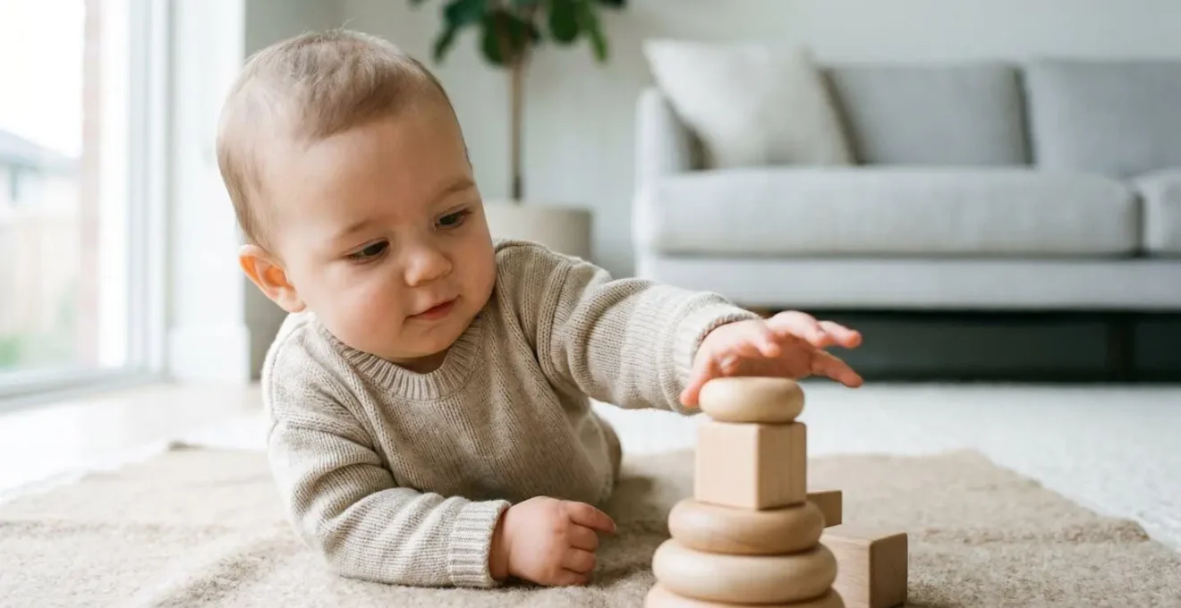 Close-up view of a baby reaching towards colorful toys during supervised tummy time on a soft surface