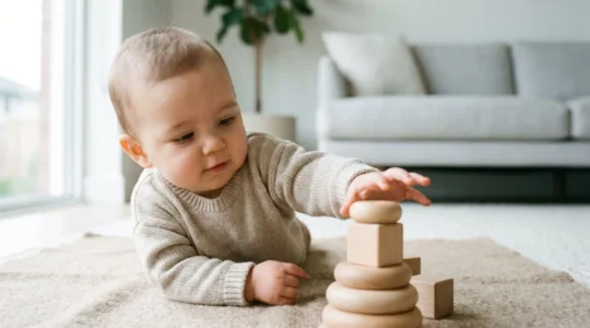 Close-up view of a baby reaching towards colorful toys during supervised tummy time on a soft surface