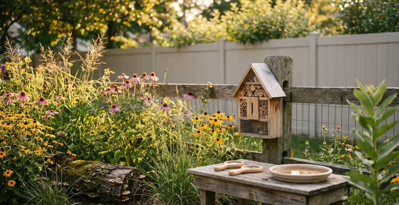 Children exploring and observing insects and plants in a naturalized backyard garden setting