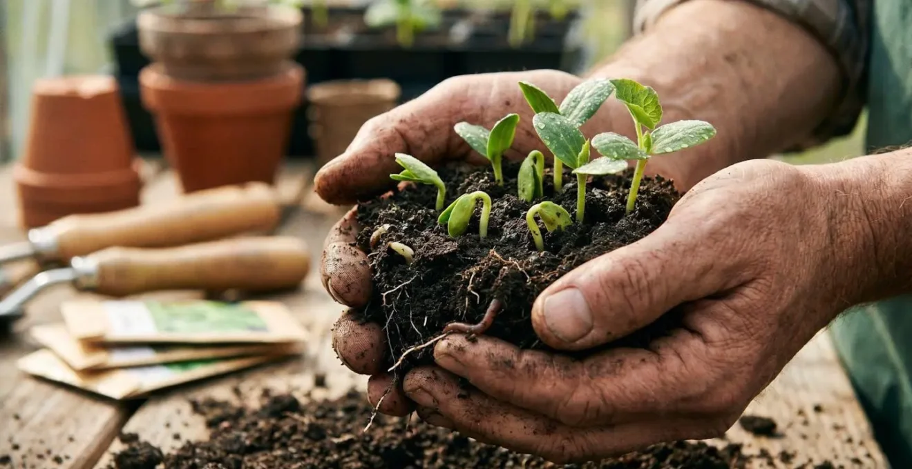 A gardener's weathered hands gently tending to young seedlings breaking through rich soil, symbolizing process-focused growth and patience