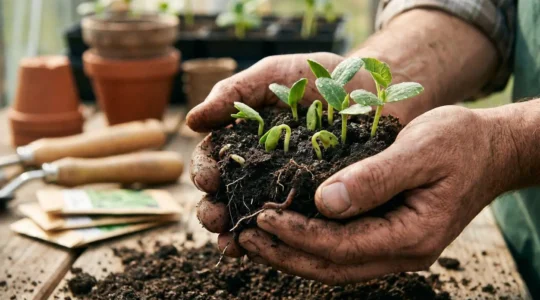 A gardener's weathered hands gently tending to young seedlings breaking through rich soil, symbolizing process-focused growth and patience
