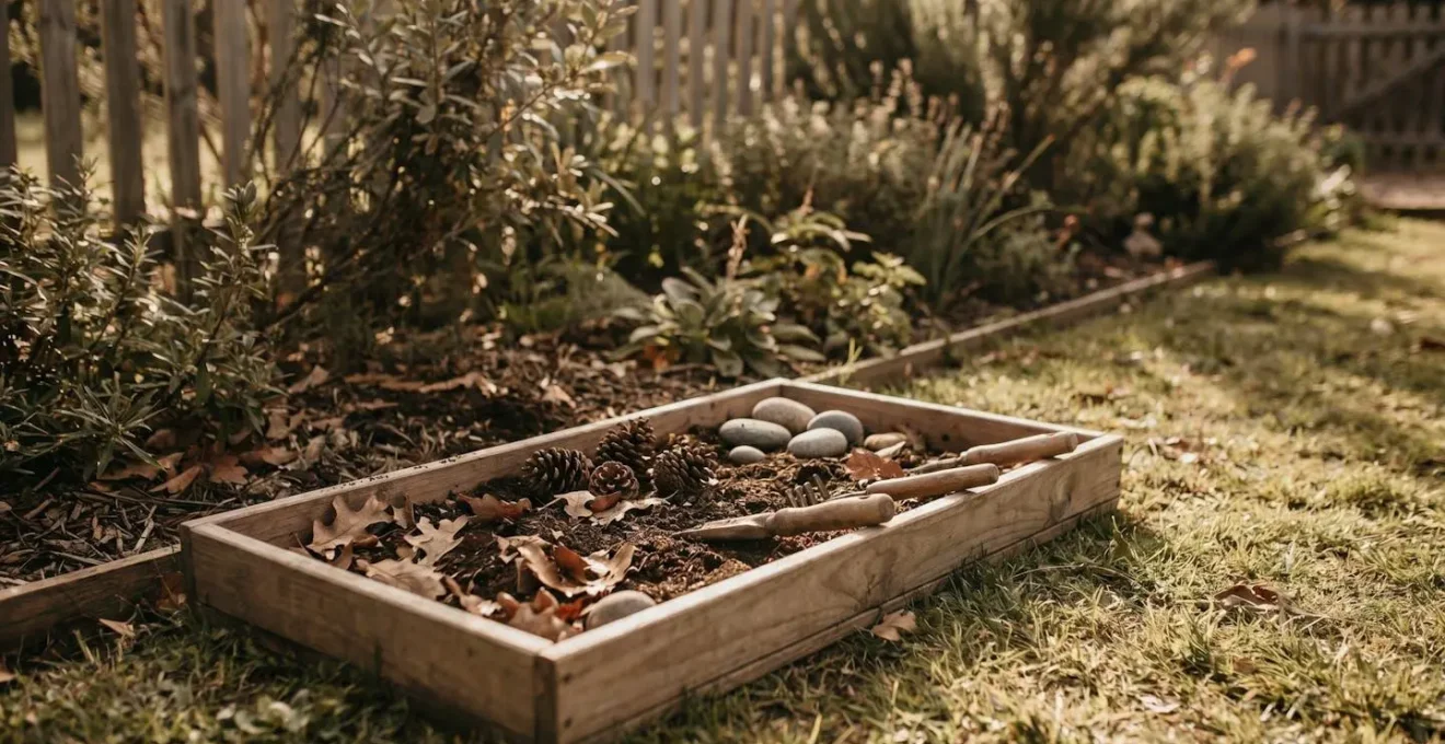 Toddler exploring natural sensory materials in outdoor garden play area with earth-toned elements
