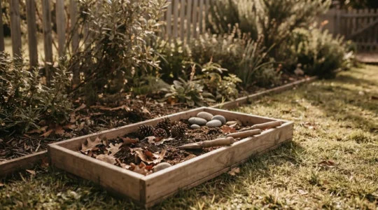 Toddler exploring natural sensory materials in outdoor garden play area with earth-toned elements