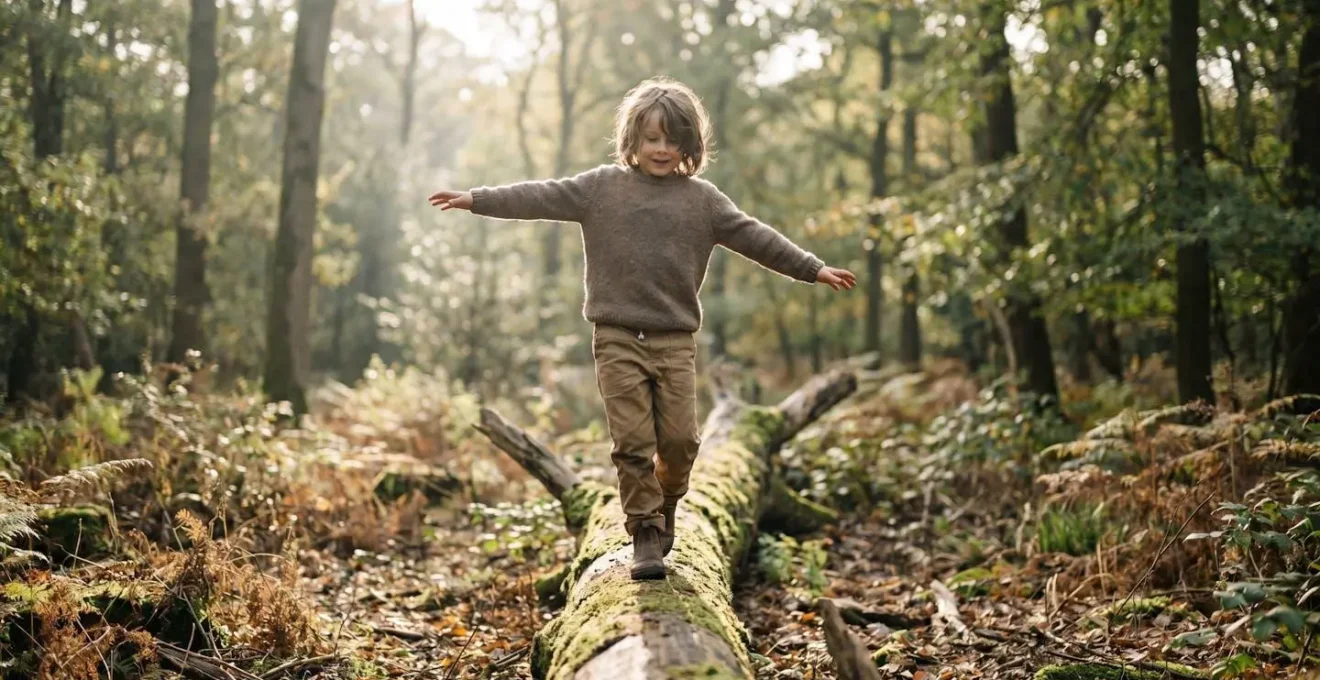 Young child confidently balancing on natural log in forest setting demonstrating physical literacy and movement confidence