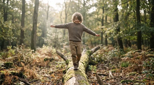 Young child confidently balancing on natural log in forest setting demonstrating physical literacy and movement confidence