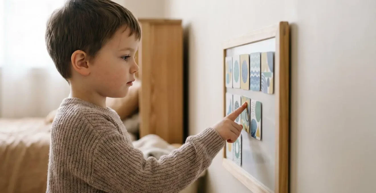 Young child independently checking picture-based visual schedule on wall during morning routine transition