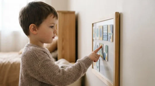 Young child independently checking picture-based visual schedule on wall during morning routine transition