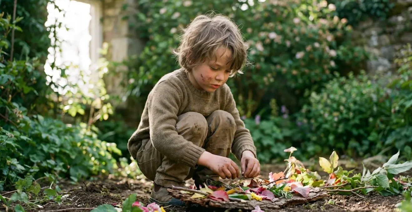 Child engaged in creative process using natural materials from garden, demonstrating artistic expression and cognitive development