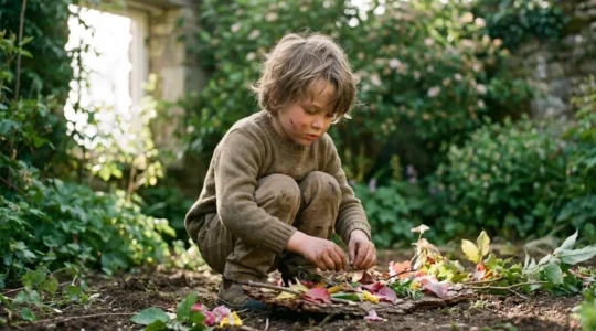 Child engaged in creative process using natural materials from garden, demonstrating artistic expression and cognitive development