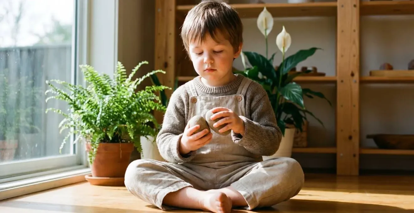 Young child exploring rhythm and sound through natural materials in an educational setting