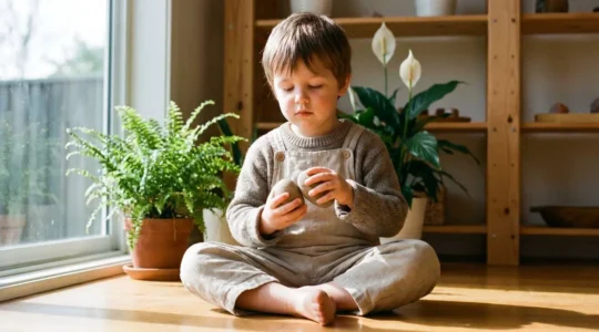 Young child exploring rhythm and sound through natural materials in an educational setting