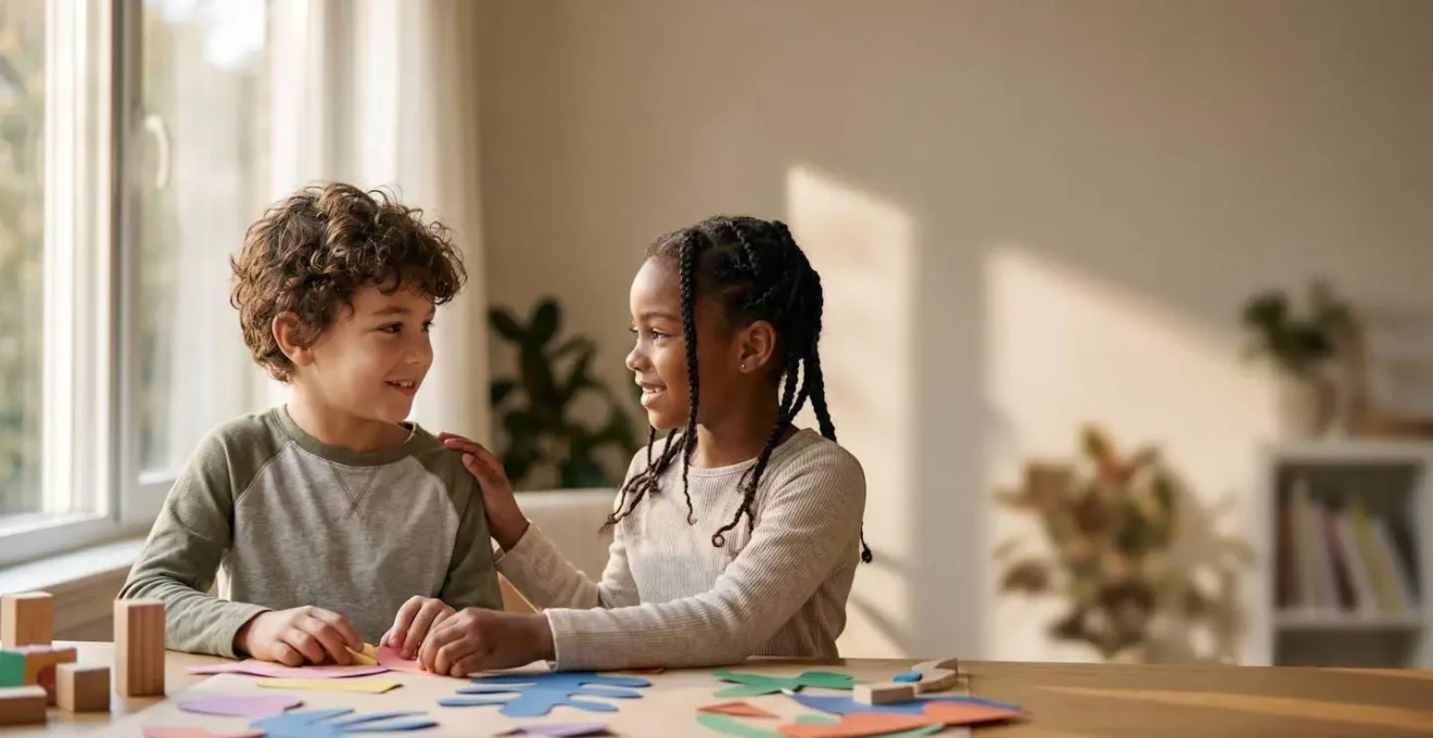 Young children engaged in empathetic interaction during collaborative play activity