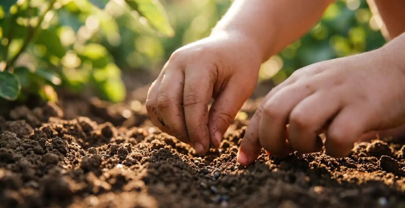 Close-up of child's hands gently placing seeds into rich, dark garden soil with sunlight filtering through leaves