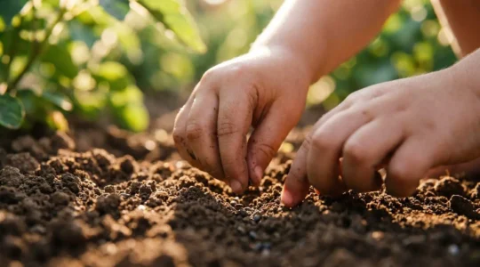 Close-up of child's hands gently placing seeds into rich, dark garden soil with sunlight filtering through leaves