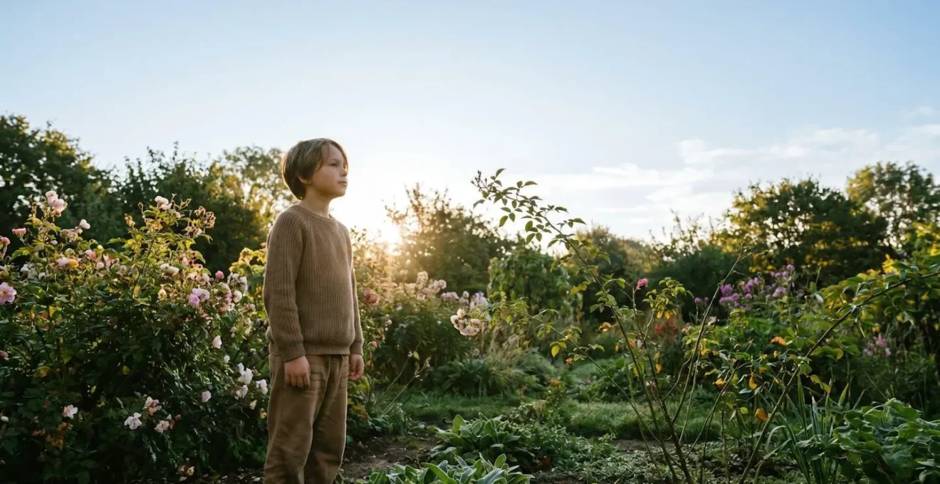 Young child standing in bright morning sunlight outdoors among plants and natural environment