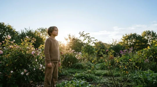 Young child standing in bright morning sunlight outdoors among plants and natural environment