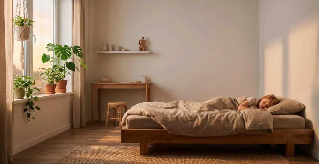 A child sleeping peacefully in a naturally designed bedroom with soft lighting and organic materials