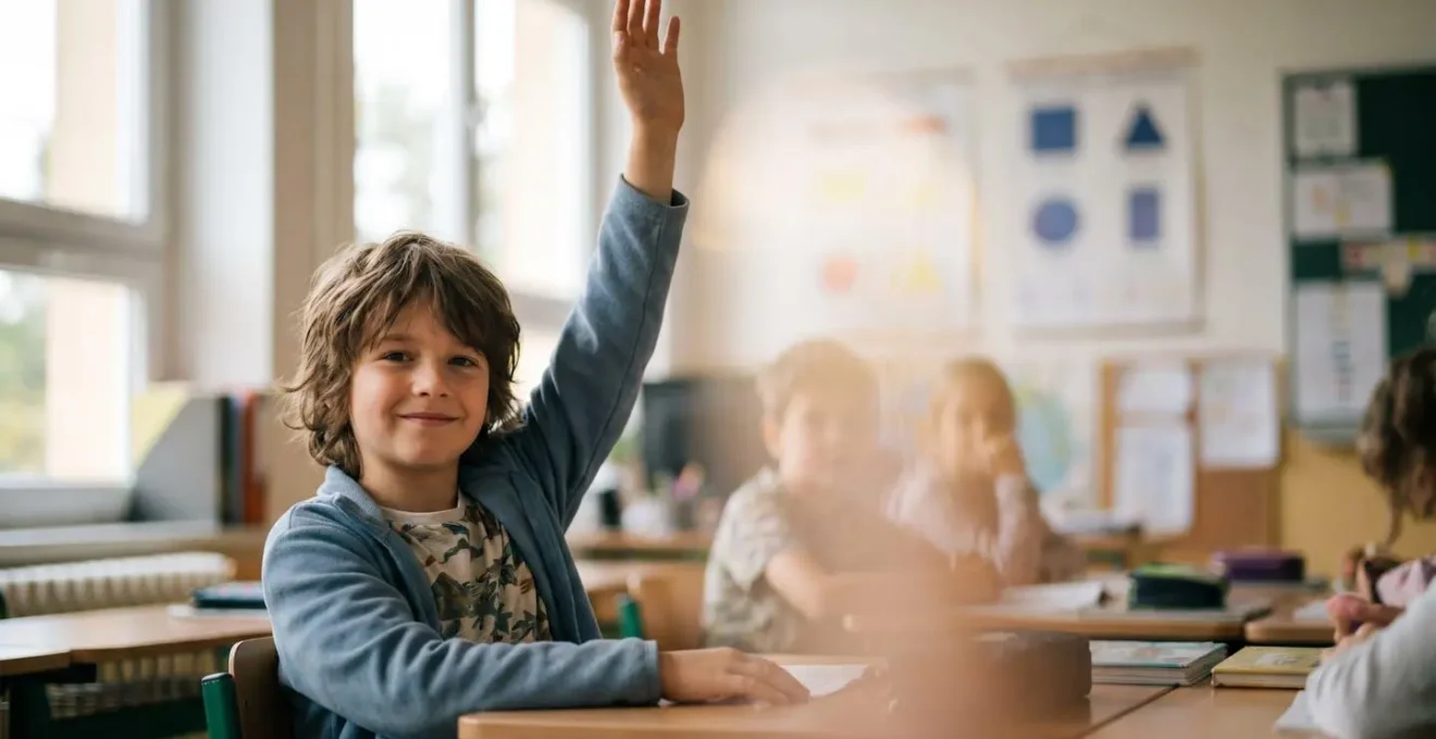 A confident child raising their hand in a supportive classroom environment, symbolizing self-advocacy and empowerment.