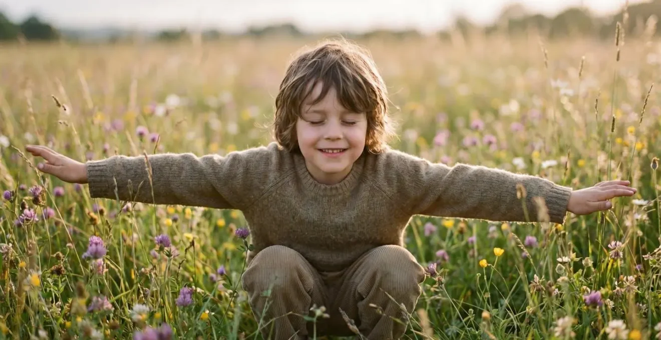 Young child engaged in imaginative outdoor role-play, embodying nature elements to develop empathy and emotional intelligence