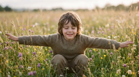 Young child engaged in imaginative outdoor role-play, embodying nature elements to develop empathy and emotional intelligence