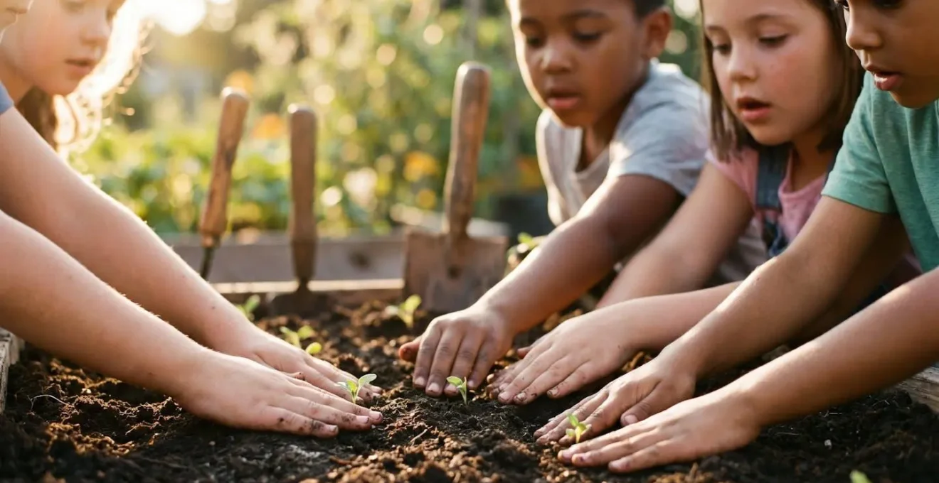 Young children with hands in rich dark soil, planting seeds together in a community garden setting, demonstrating environmental stewardship through hands-on nature connection