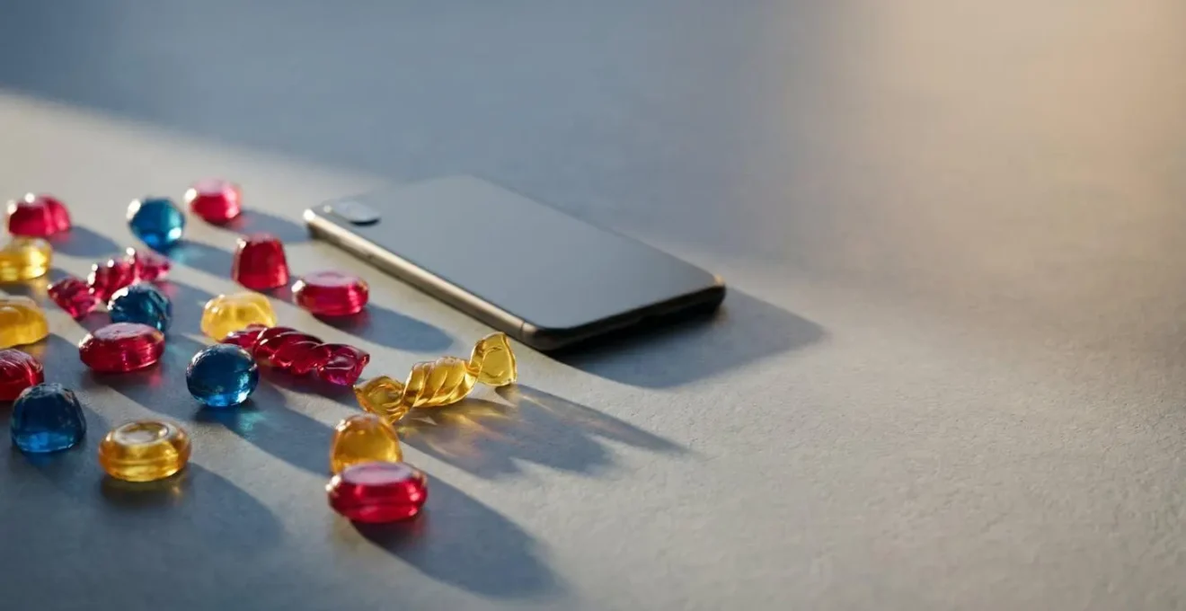 A conceptual editorial photograph depicting the relationship between digital devices and brain reward systems through visual metaphor