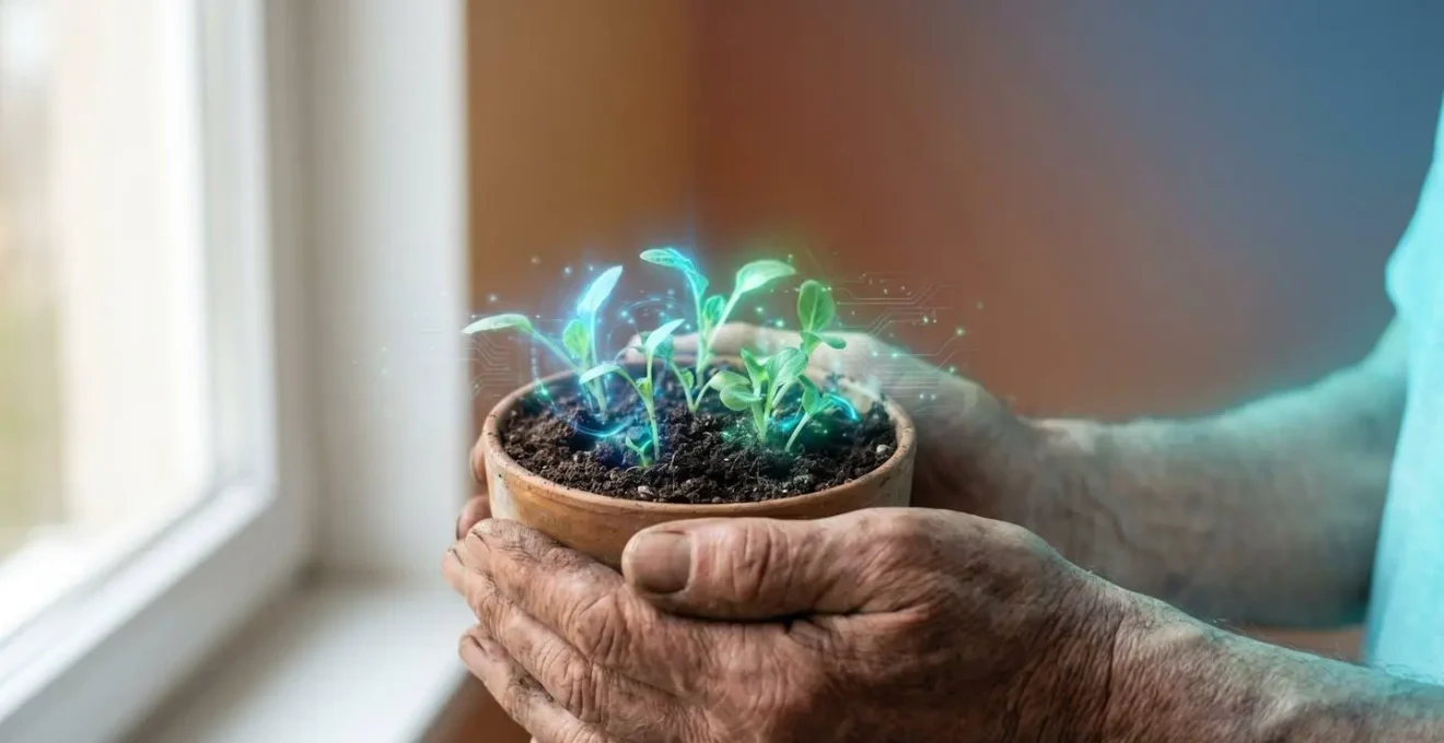 Hands nurturing a glowing digital garden representing ethical online behavior and digital citizenship education
