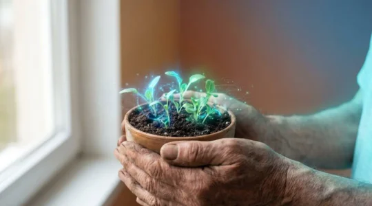 Hands nurturing a glowing digital garden representing ethical online behavior and digital citizenship education