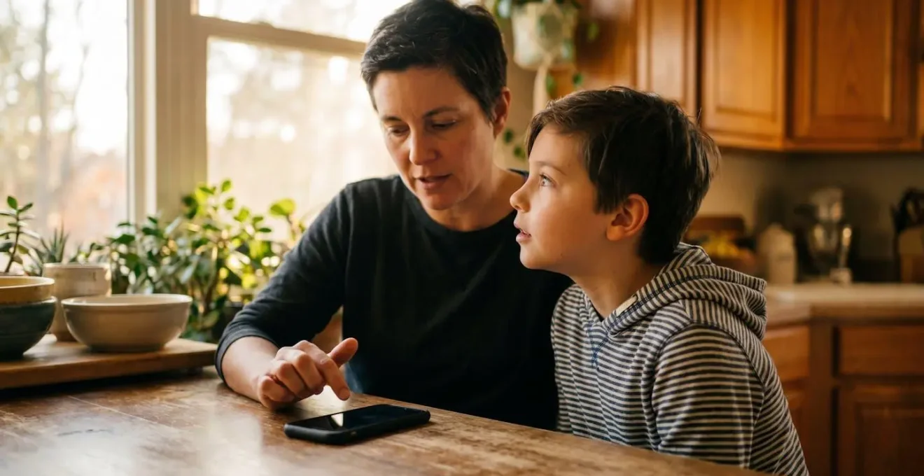 Parent and child reviewing digital device settings together in natural lighting