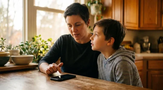 Parent and child reviewing digital device settings together in natural lighting