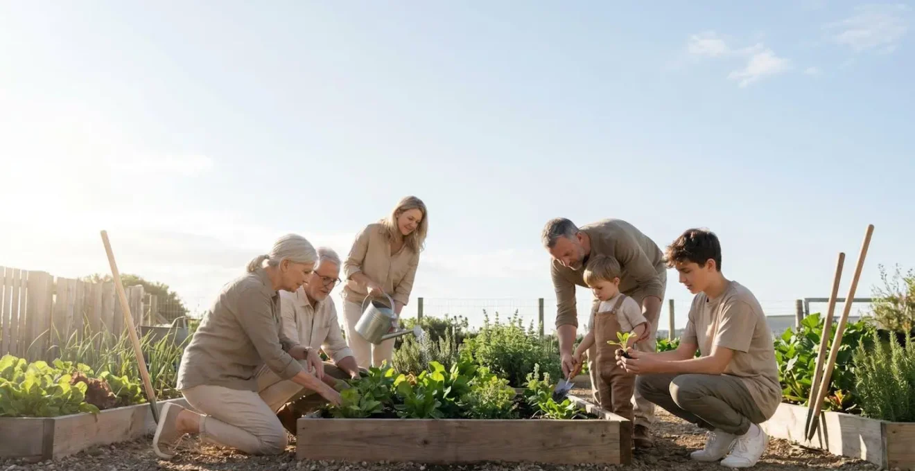 A family engaging in collaborative outdoor activity with gardening tools, symbolizing connection to nature and collective well-being assessment