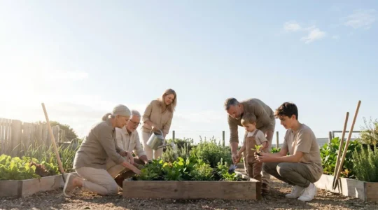 A family engaging in collaborative outdoor activity with gardening tools, symbolizing connection to nature and collective well-being assessment