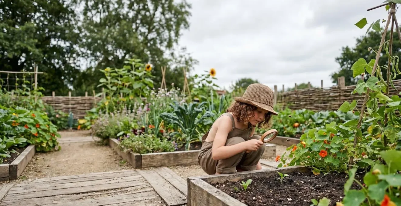 Child conducting scientific observation in garden with exploration tools and plants