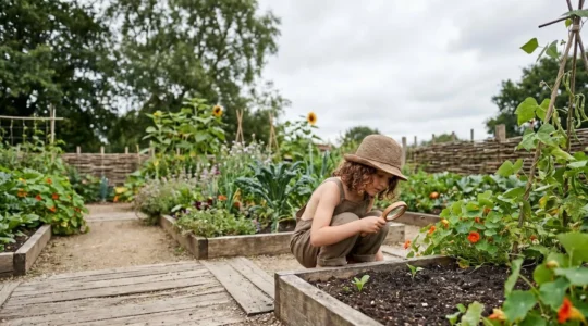 Child conducting scientific observation in garden with exploration tools and plants