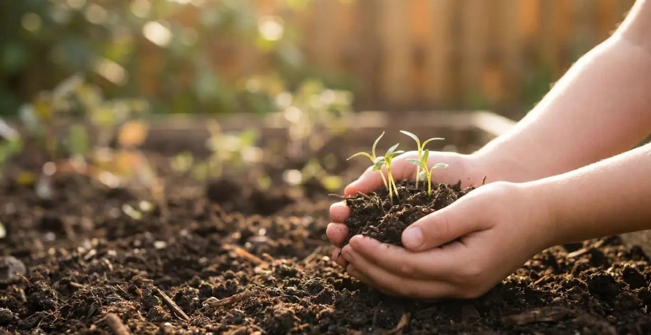 A child's hands gently touching soil with small seedlings sprouting, symbolizing the connection between nature, gut health and holistic wellness