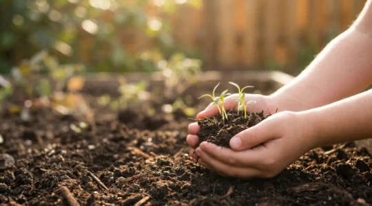 A child's hands gently touching soil with small seedlings sprouting, symbolizing the connection between nature, gut health and holistic wellness