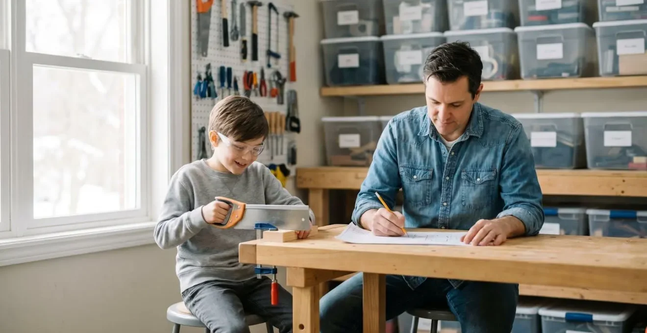 Parent and child collaborating on hands-on engineering project in organized home workshop space with tools and materials