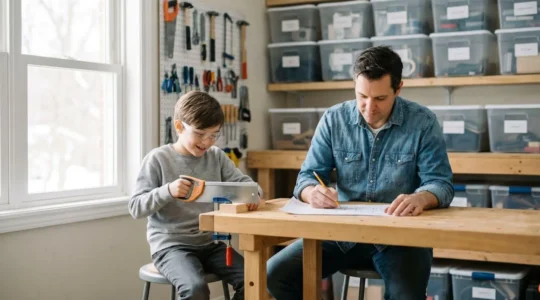 Parent and child collaborating on hands-on engineering project in organized home workshop space with tools and materials