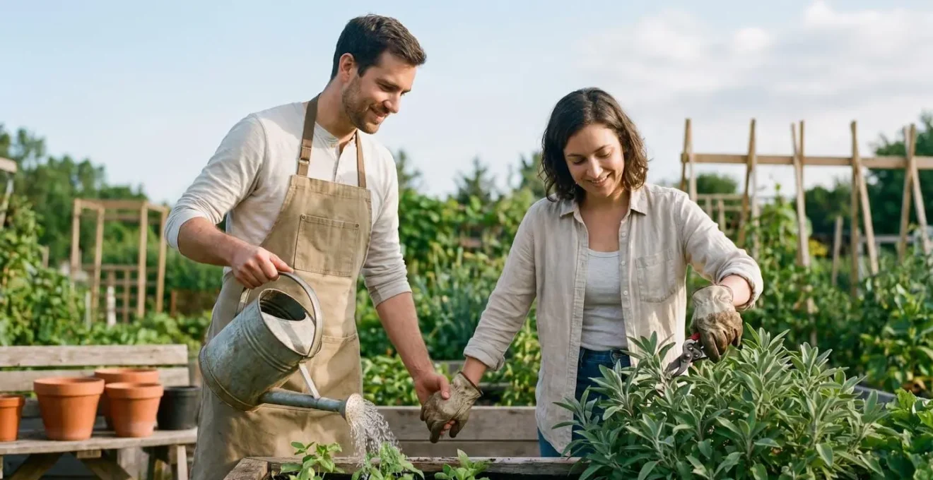 Two people tending a shared garden together in natural outdoor light