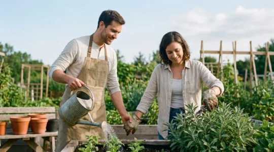 Two people tending a shared garden together in natural outdoor light