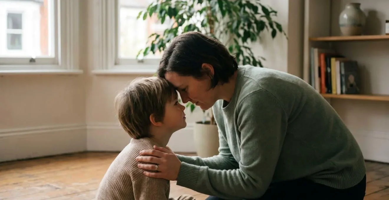 A parent and child in a moment of calm connection during emotional distress