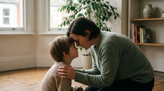 A parent and child in a moment of calm connection during emotional distress