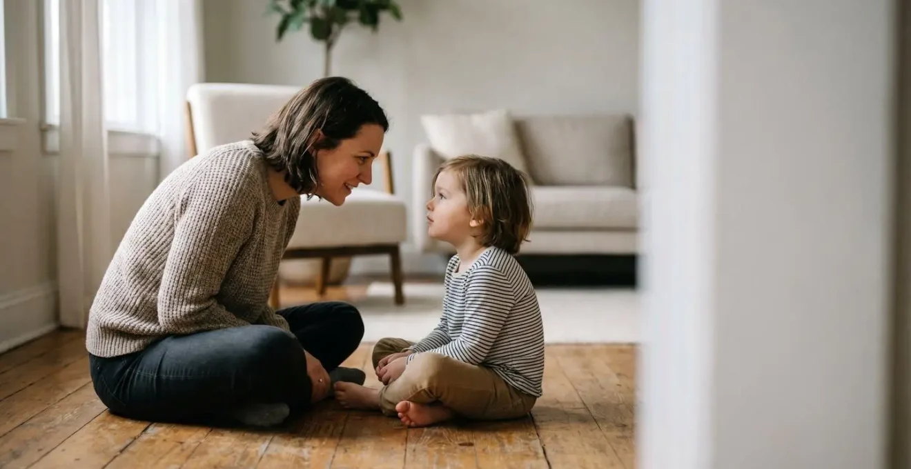 Parent and young child sitting together in warm natural light demonstrating connected relationship