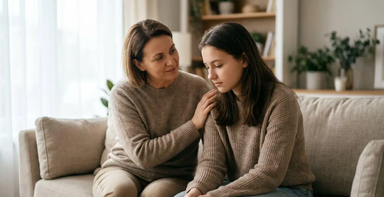 Parent and teenager having a calm conversation about online safety in a naturally lit home setting