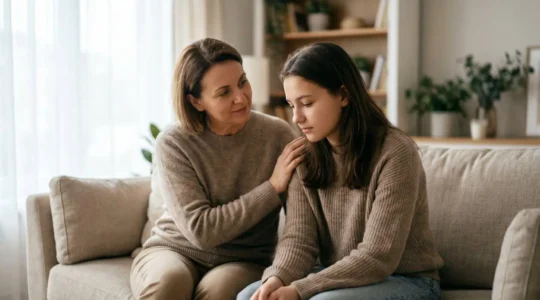 Parent and teenager having a calm conversation about online safety in a naturally lit home setting