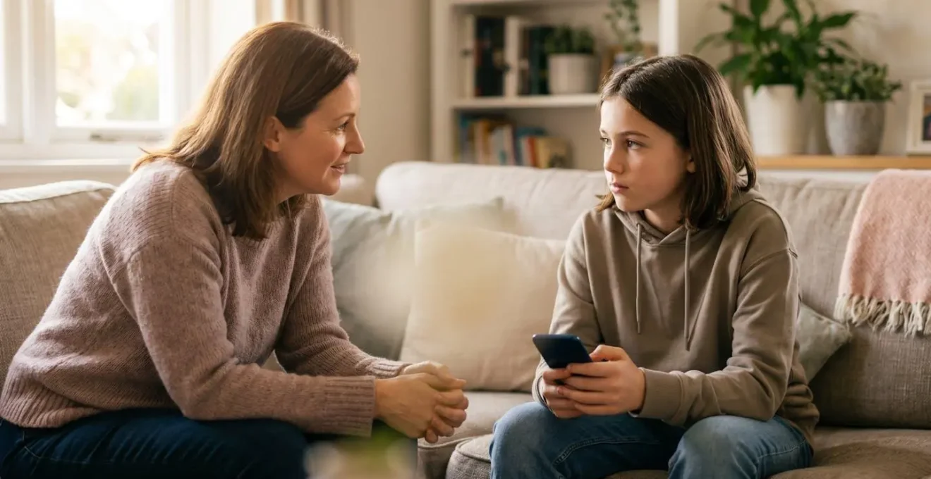 A parent and child having a calm, supportive conversation about online safety at home