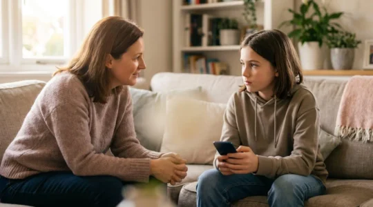 A parent and child having a calm, supportive conversation about online safety at home