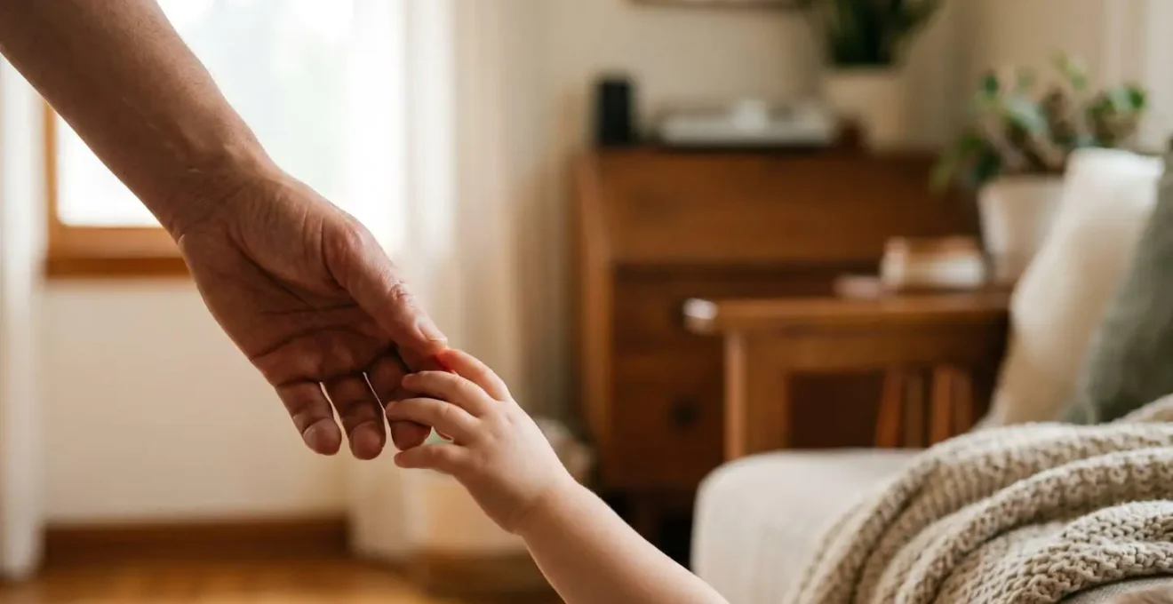 Close-up of parent and child hands gently touching in a gesture of connection and emotional repair