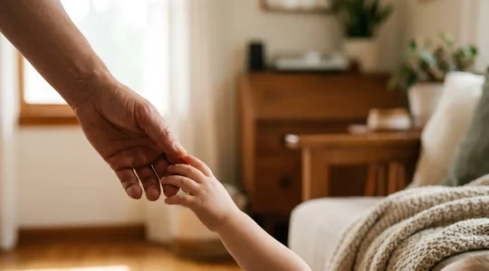 Close-up of parent and child hands gently touching in a gesture of connection and emotional repair