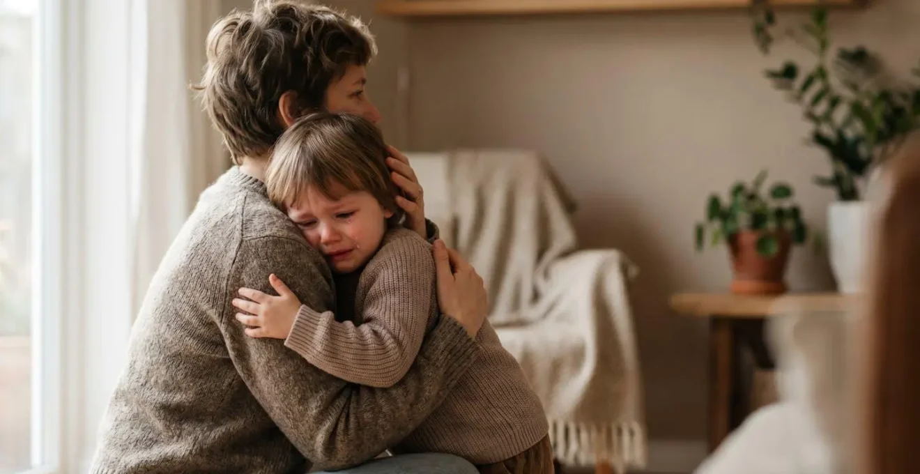 A gentle moment of reunion between parent and child in warm natural light